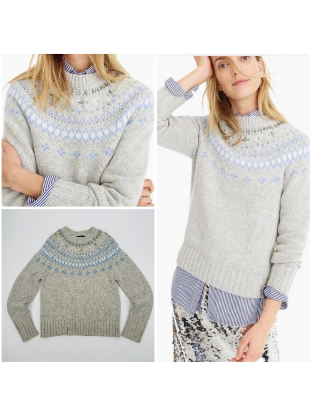 J.Crew Fair Isle Crew Neck Sweater Grey Blue Size S Rhinestones